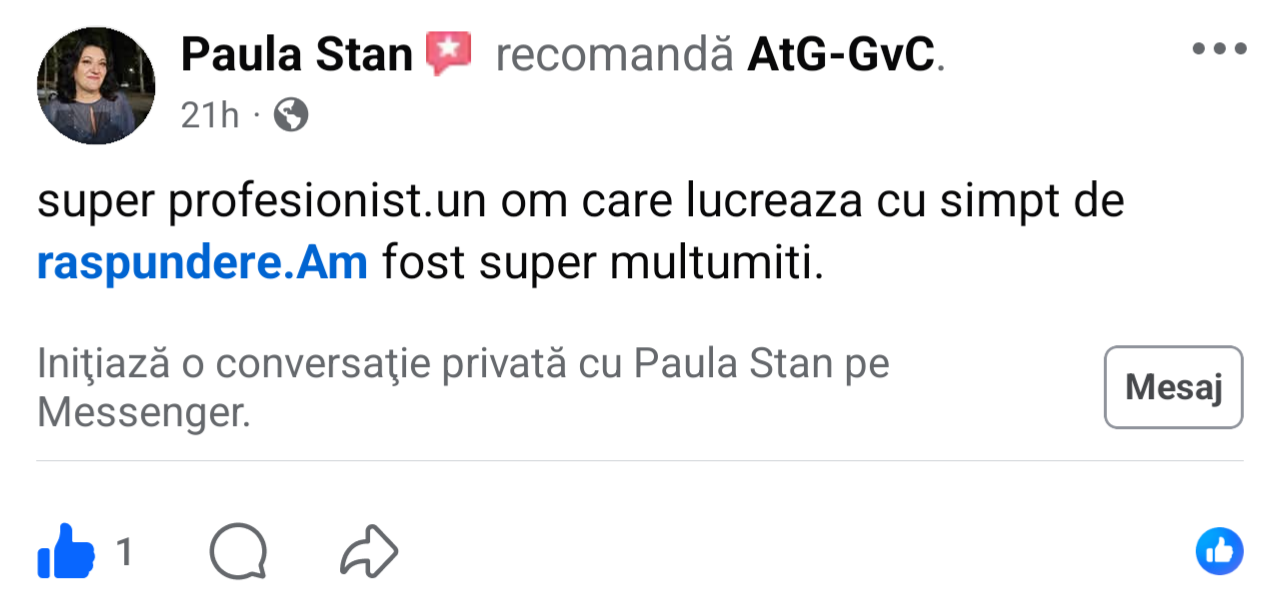 Screenshot of a Facebook post by Paula Stan in Romanian praising a professional for working with care and empathy, with a blue hyperlink text 'raspundere.Am'.