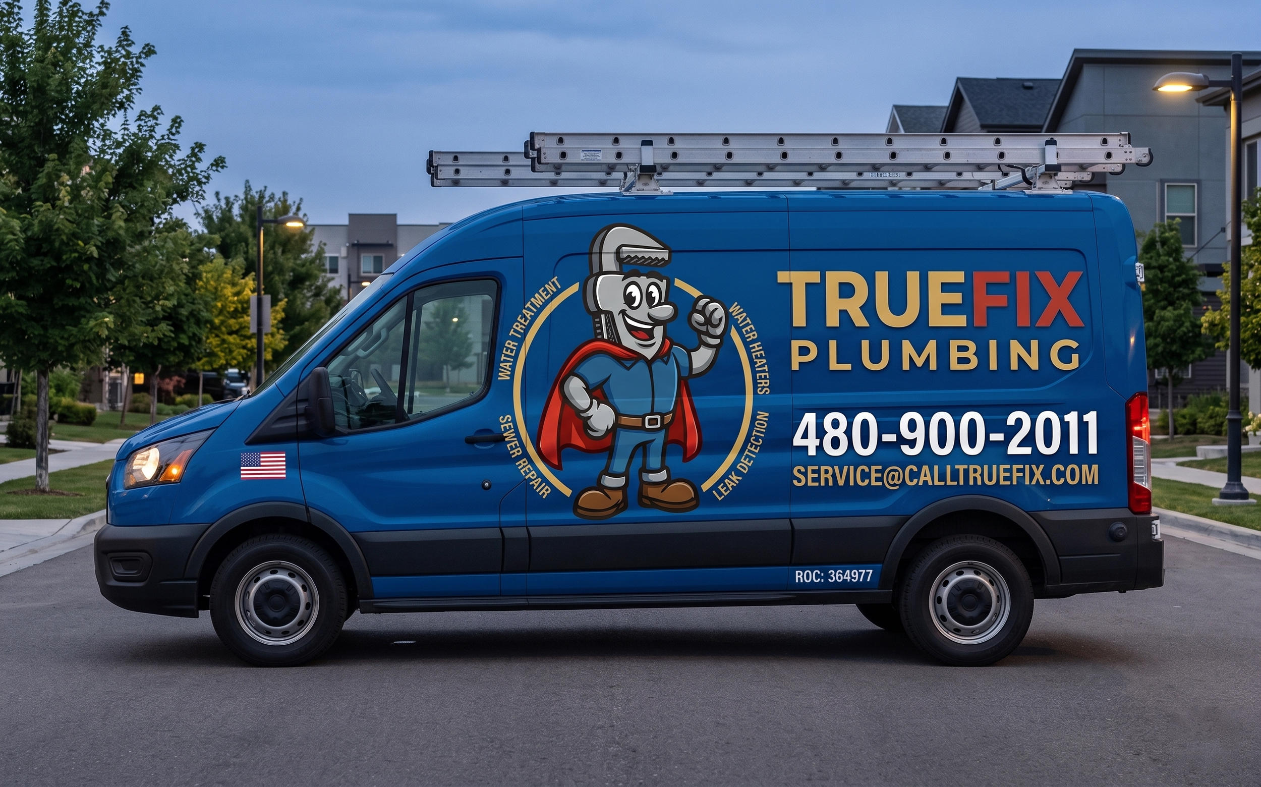 Blue plumbing service van with a cartoon mascot of a smiling adjustable wrench in a superhero costume, advertising TrueFix Plumbing with contact details on a residential street.