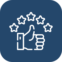 Thumbs up with six stars above it, on a blue background.