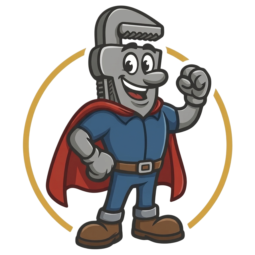 Cartoon of a smiling pipe wrench dressed as a superhero with a red cape, blue shirt, and brown boots, standing with one arm raised.