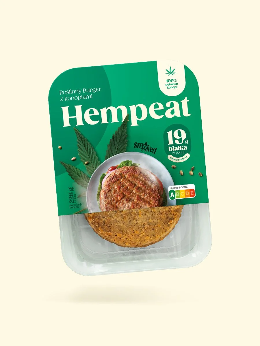 Hempeat roślinny burger wegański z konopi. Opakowanie z produktem chłodzonym zawierającym mięso z konopi.