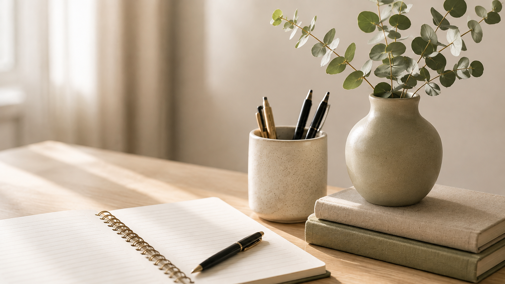 Notebook, pen, books and greenery on a desk.