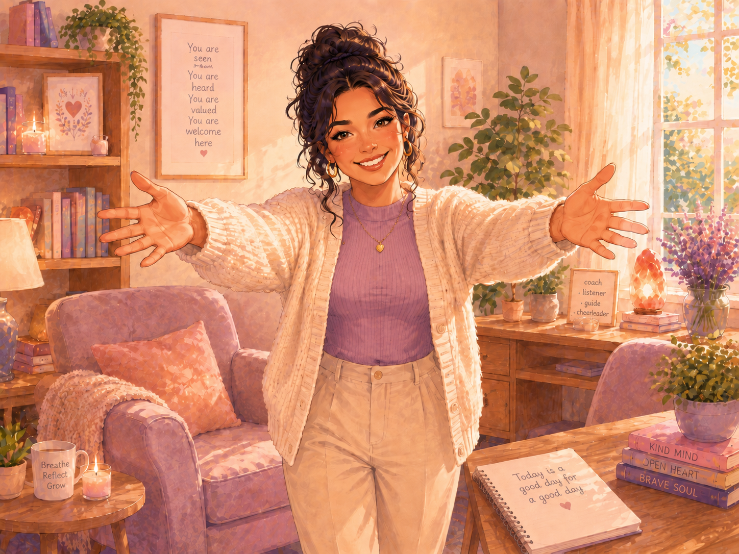 Woman reaching out with open arms offering Christian support, prayer, encouragement, and a safe place for women to feel heard