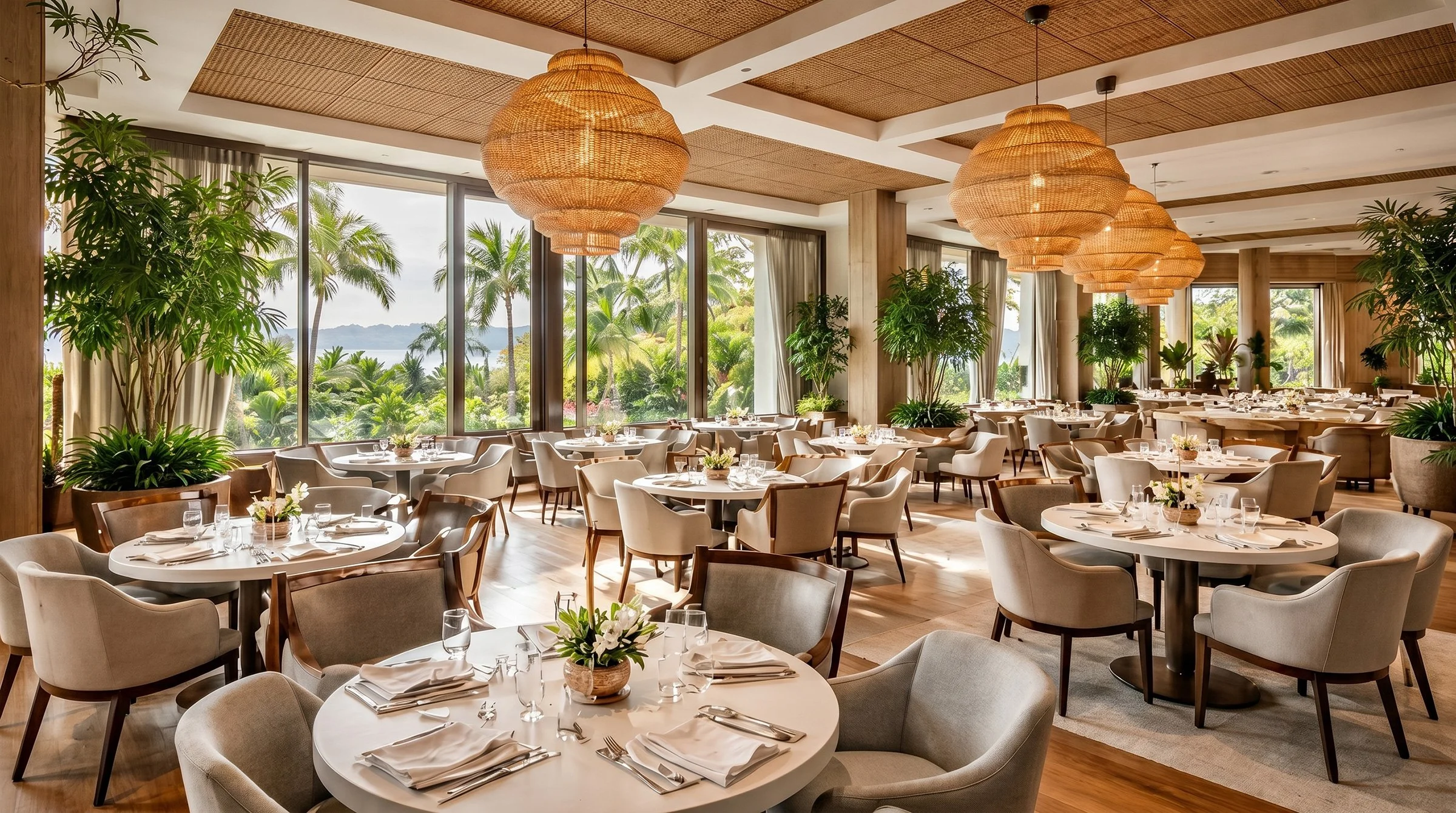 Elegant restaurant dining room with round tables set for a meal, surrounded by beige chairs, large windows showing palm trees outside, and warm woven pendant lights.