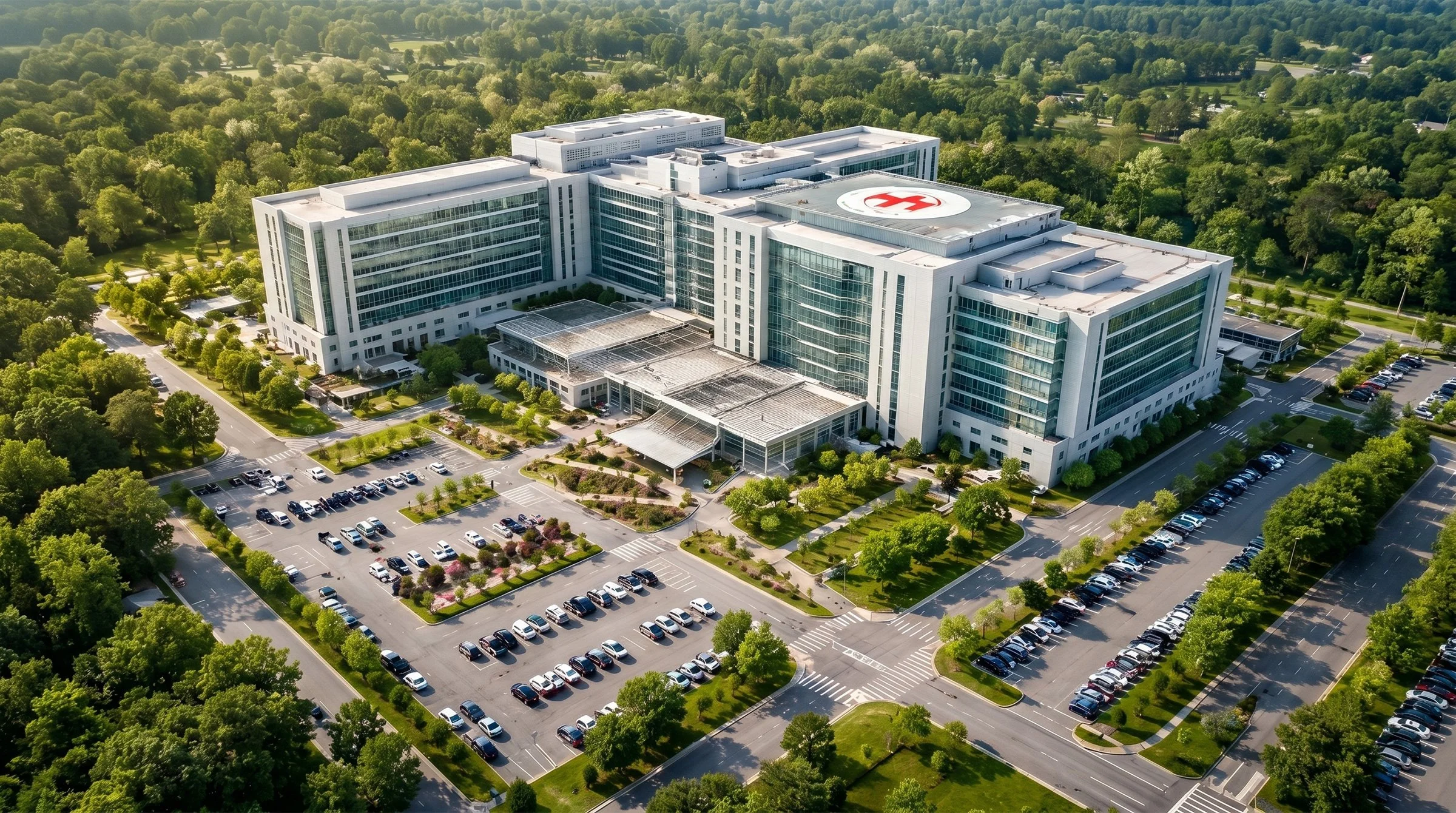 A large hospital building surrounded by trees, with parking lots filled with cars in the foreground.