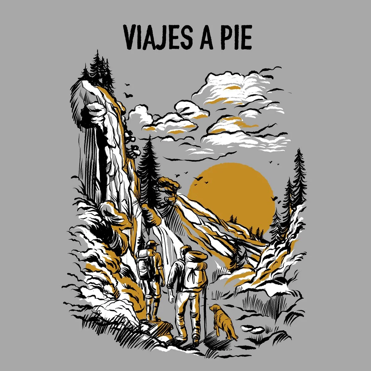 Ilustración de una caminata por la naturaleza con montañas, árboles y el sol en el horizonte, titulado 'Viajes a pie'.