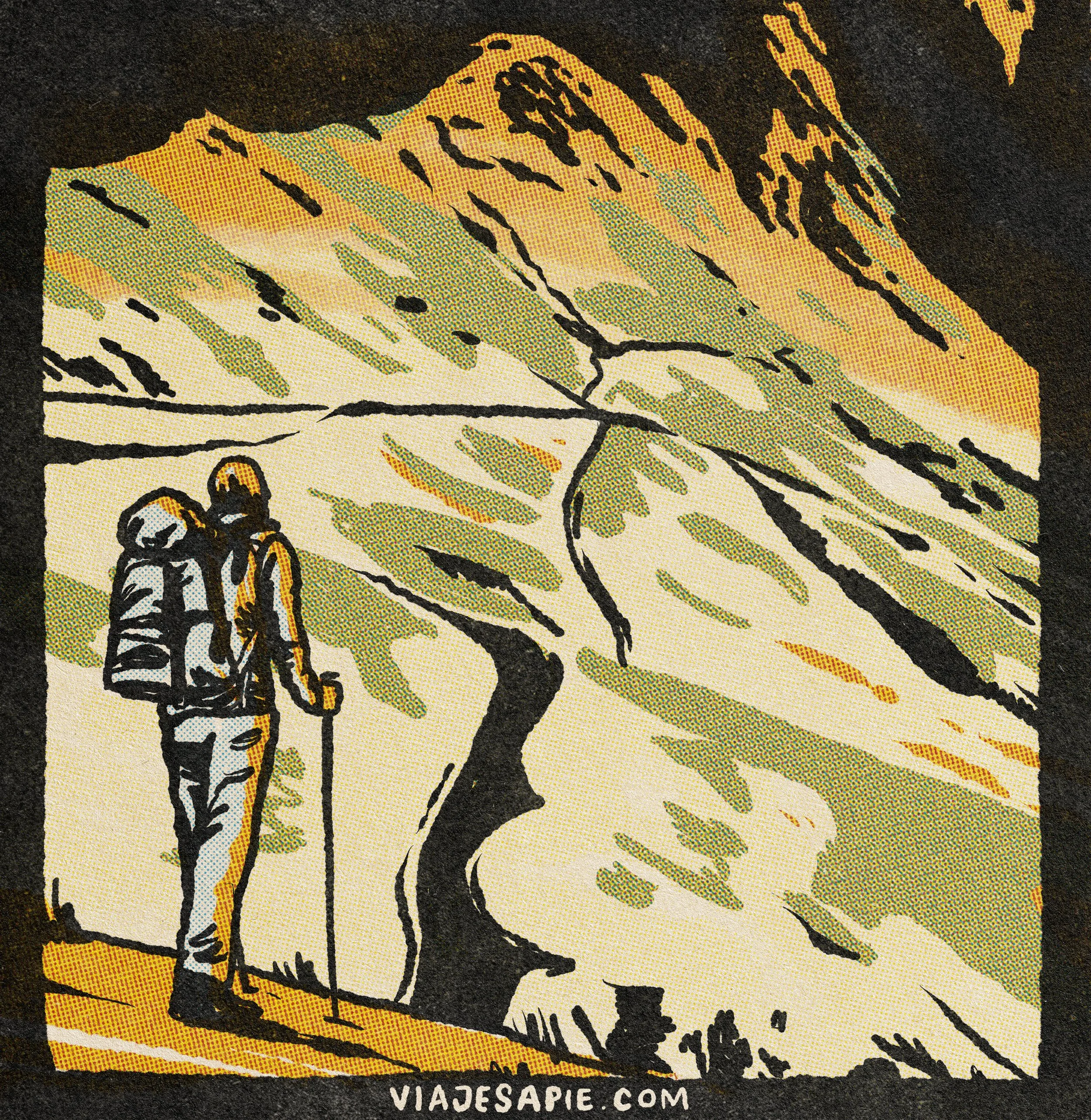 Una ilustración de una montaña con un campo y vacas en primer plano, en estilo de cómic o arte gráfico, con el texto 'VIAJESCAPIE.COM' en la parte inferior.