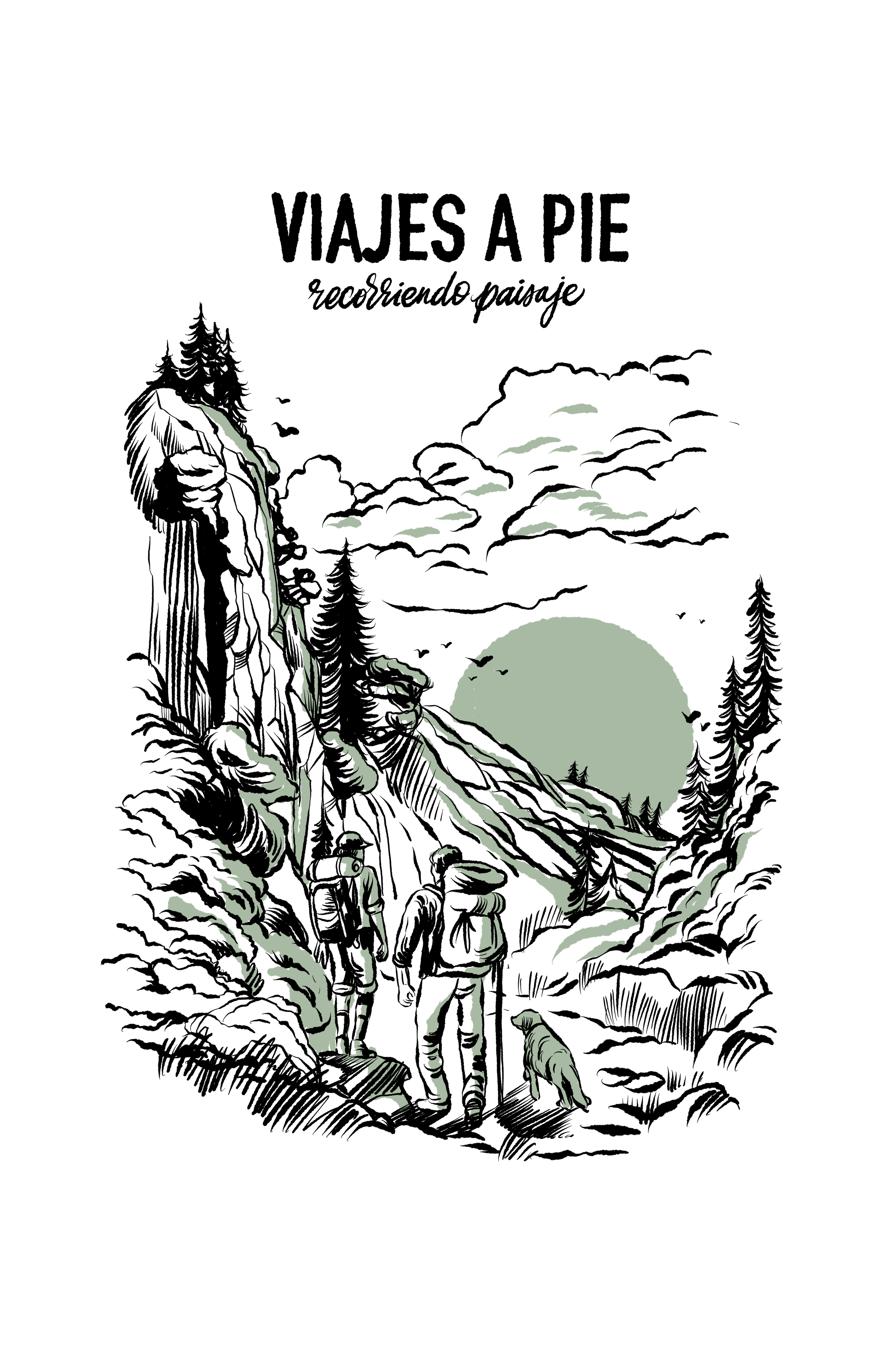 Ilustración en blanco y negro de una caminata por la naturaleza con montañas, árboles y personas con perros, con la luna en el cielo y nubes.