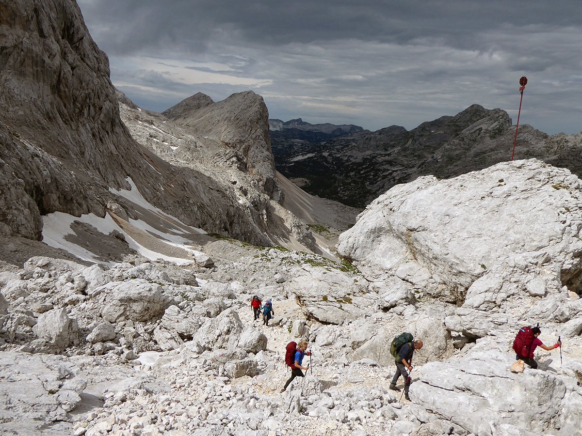 grupo de cinco excursionistas en una caminata en un paisaje montañoso rocoso con nubes en el cielo