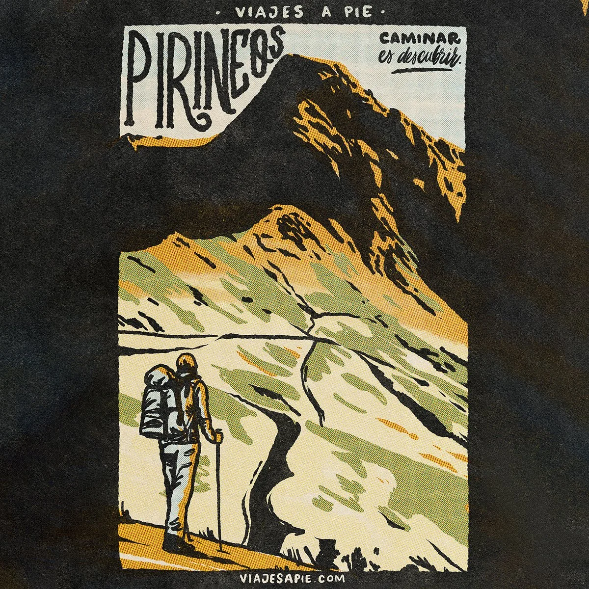 Ilustración de una pareja de excursionistas caminando por un sendero en las montañas, con un cartel que dice "Viajes a pie", "Princes" y "Caminar es descubrir" en la parte superior; fondo de paisaje montañoso y valle verde.