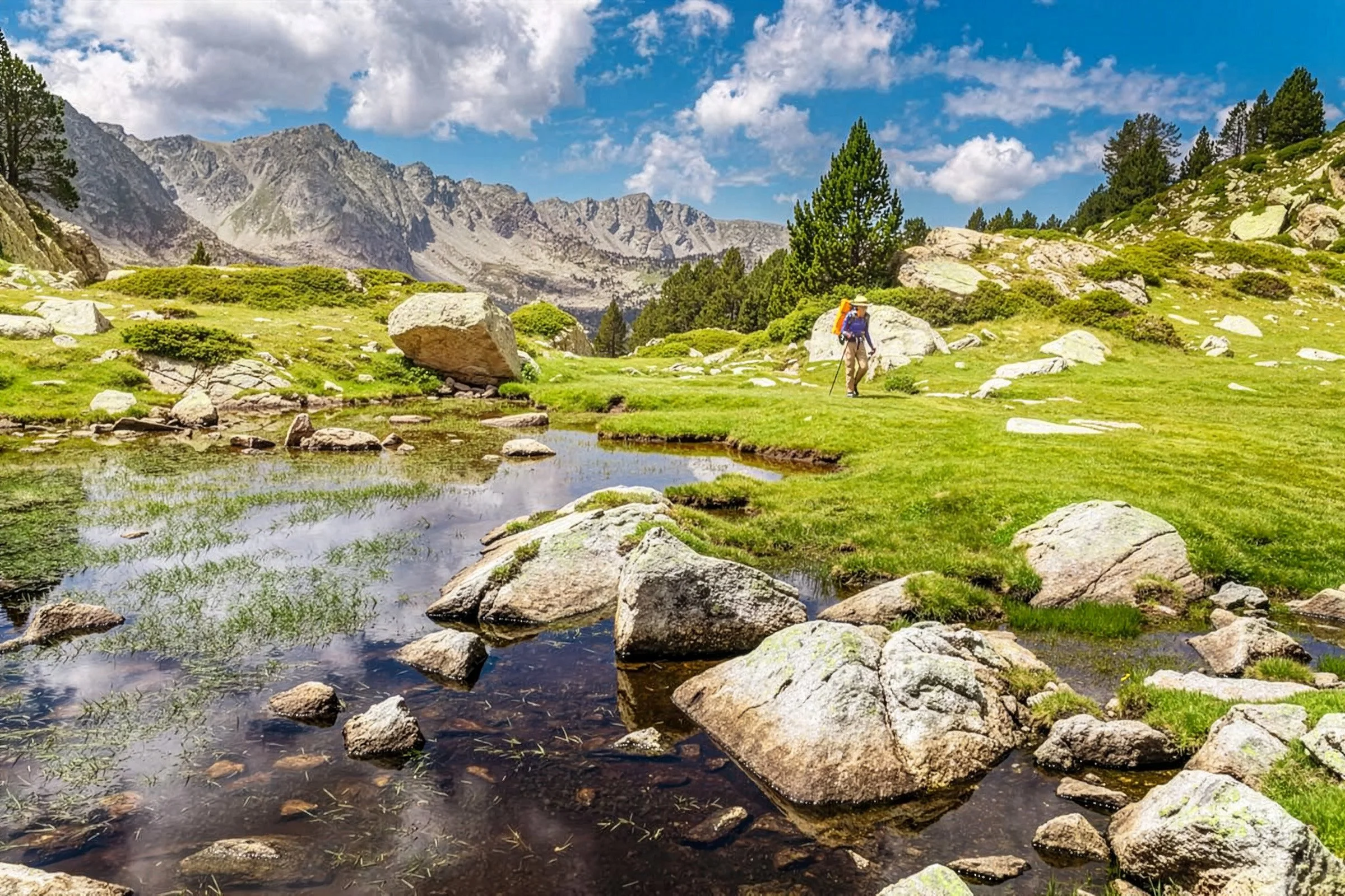 Aventura en la naturaleza con un senderista caminando por un valle rodeado de rocas, árboles y montañas rocosas, bajo un cielo azul con nubes.