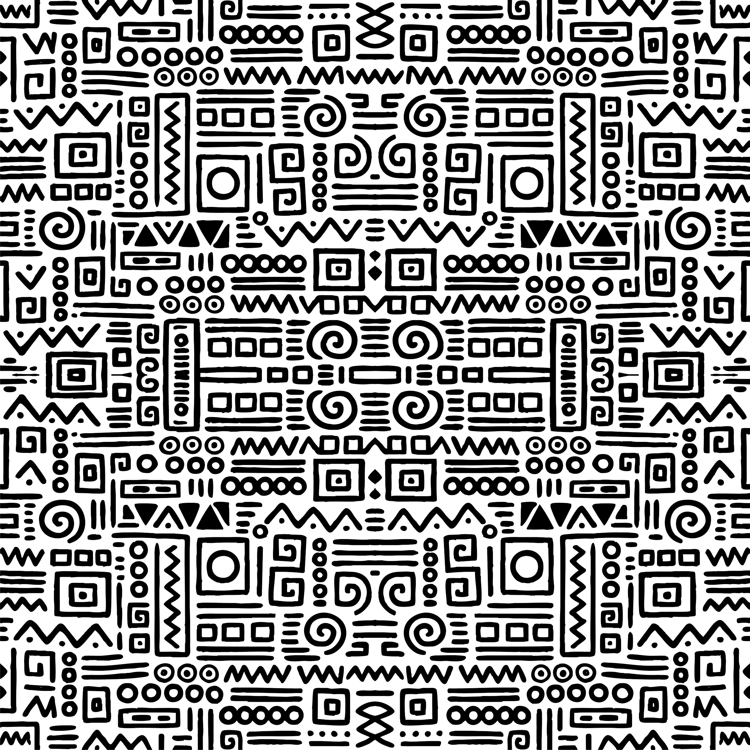 A mixed fabric pattern with geometric shapes, spirals, lines, rectangles in black and white.