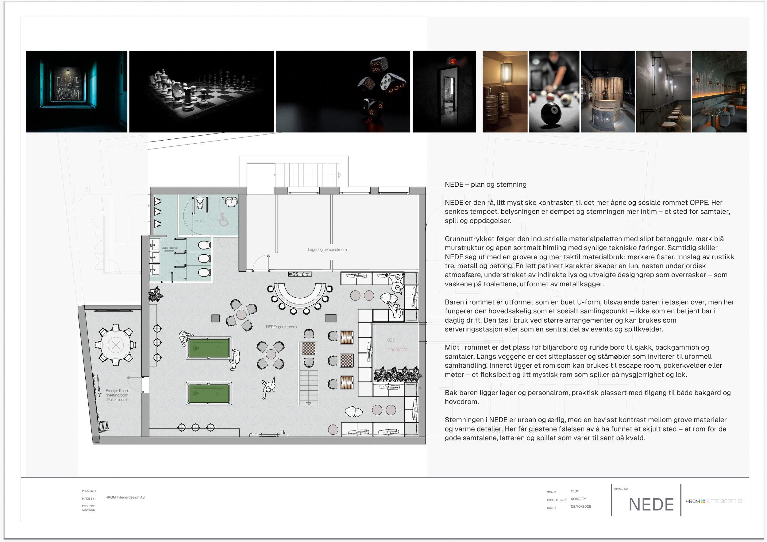 A detailed floor plan of an indoor recreational and social space including a pool table, poker room, and various seating areas, accompanied by descriptive text in Norwegian about the design and ambiance of the space.