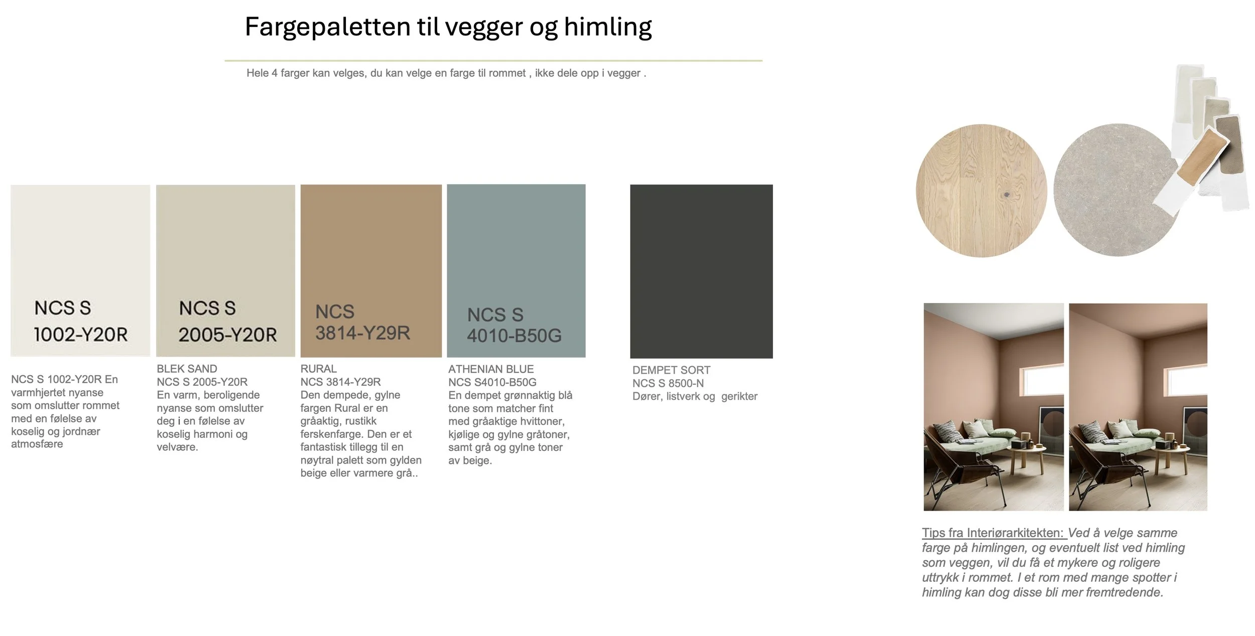 Interior paint color palette with five color samples and a photo of a living room with beige walls and large windows.