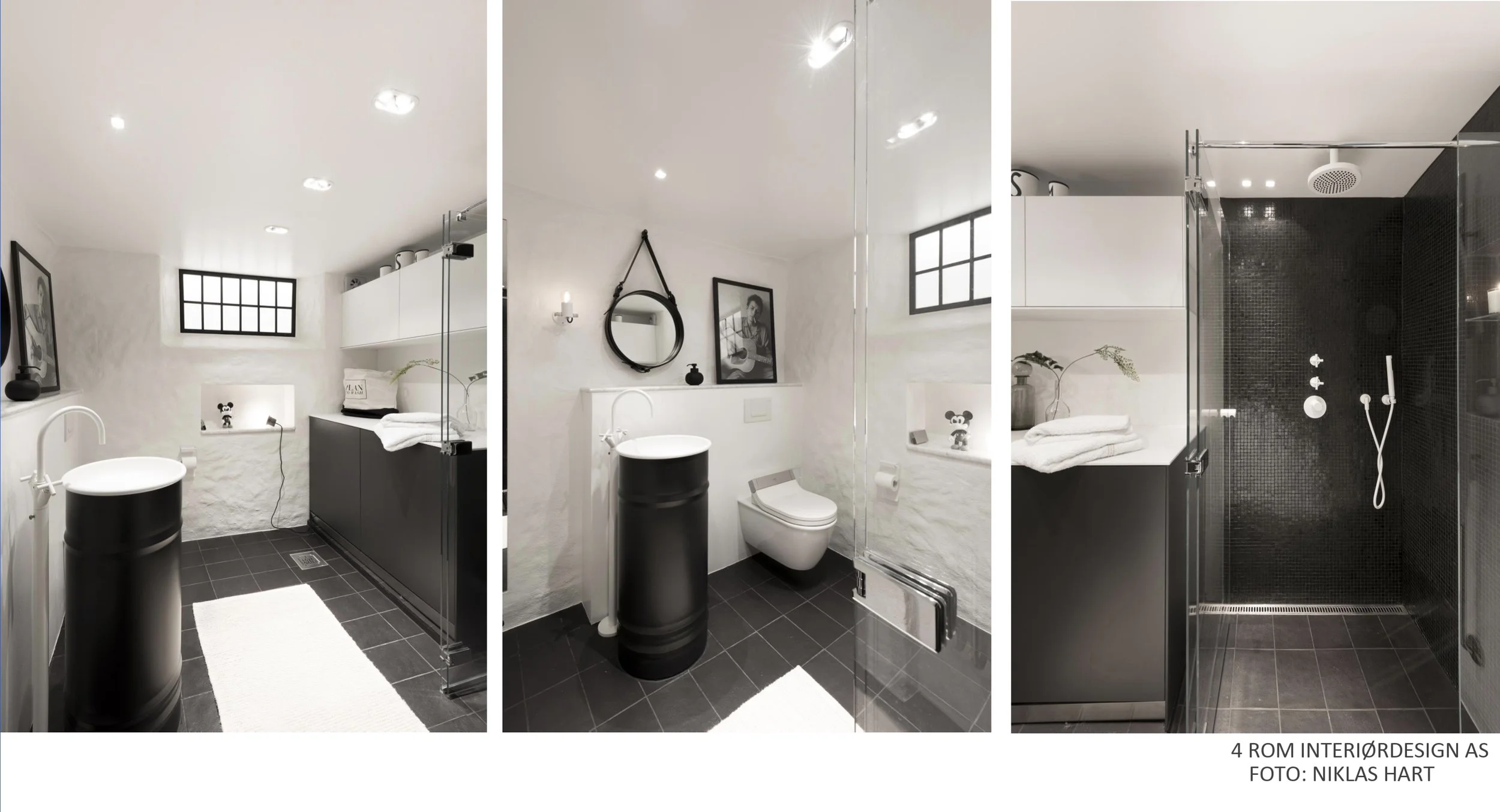 A modern bathroom with black and white decor. The left side shows a black vanity with a round vessel sink, a small black vase, and a black and white framed artwork. The center displays a toilet, a mirror hanging by a strap, a framed black and white photo, and a small shelf with a towel. The right side features a black shower area with glass doors, a rainfall showerhead, a handheld shower, and black mosaic tiles inside.