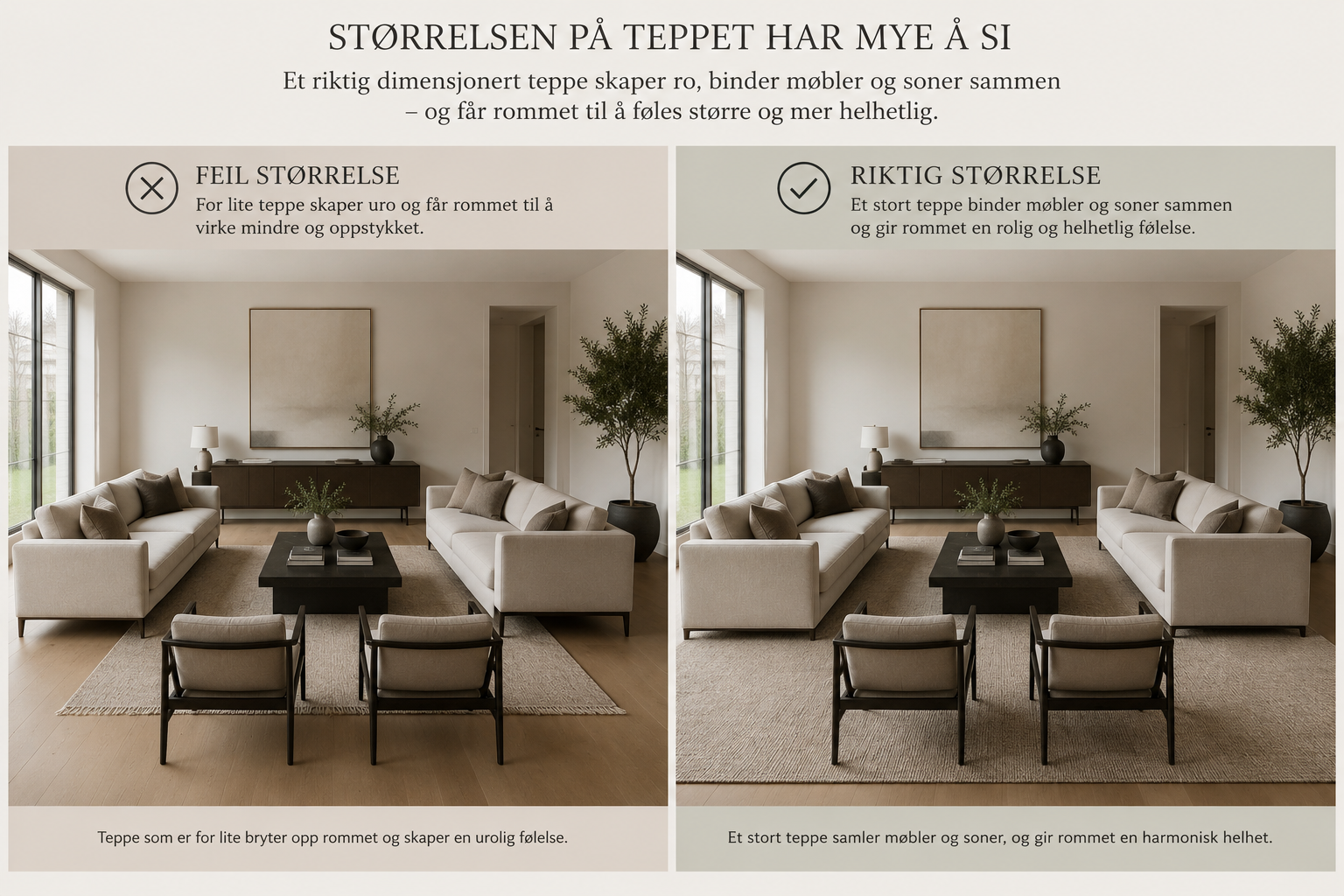 Bilde av et rom med to sofakvadrater og et lavt salongbord mellom dem, store vinduer, grønne planter, og en veggdekorasjon. Den venstre siden viser en urolig romopplevelse, mens den høyre siden viser et harmonisk og velorganisert rom.