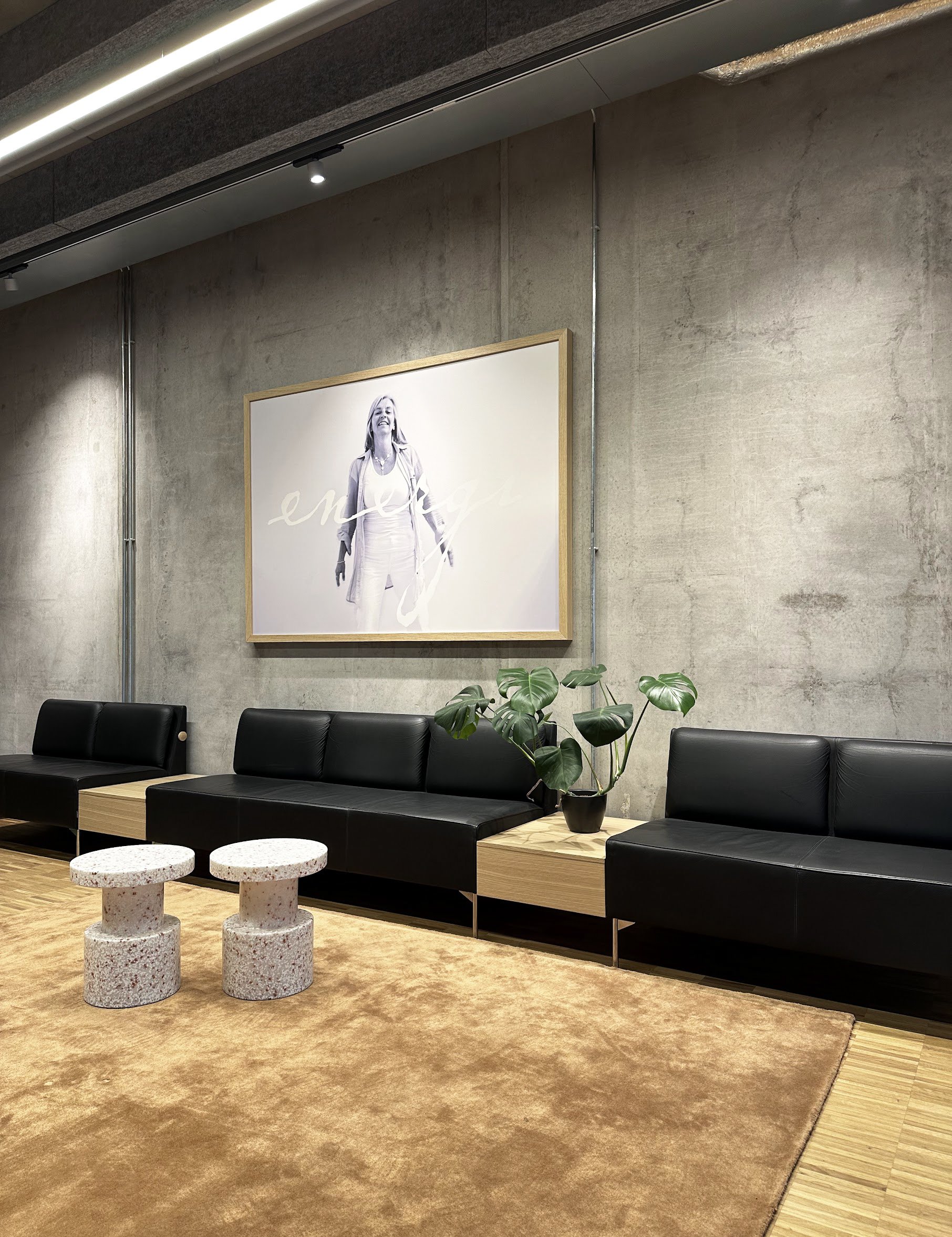 Moderne sosialsone med svart sofa, grønne planter, to store rundt avlastningsbord i betong, beige teppe, bilde av en smilende ansatt på vegg.