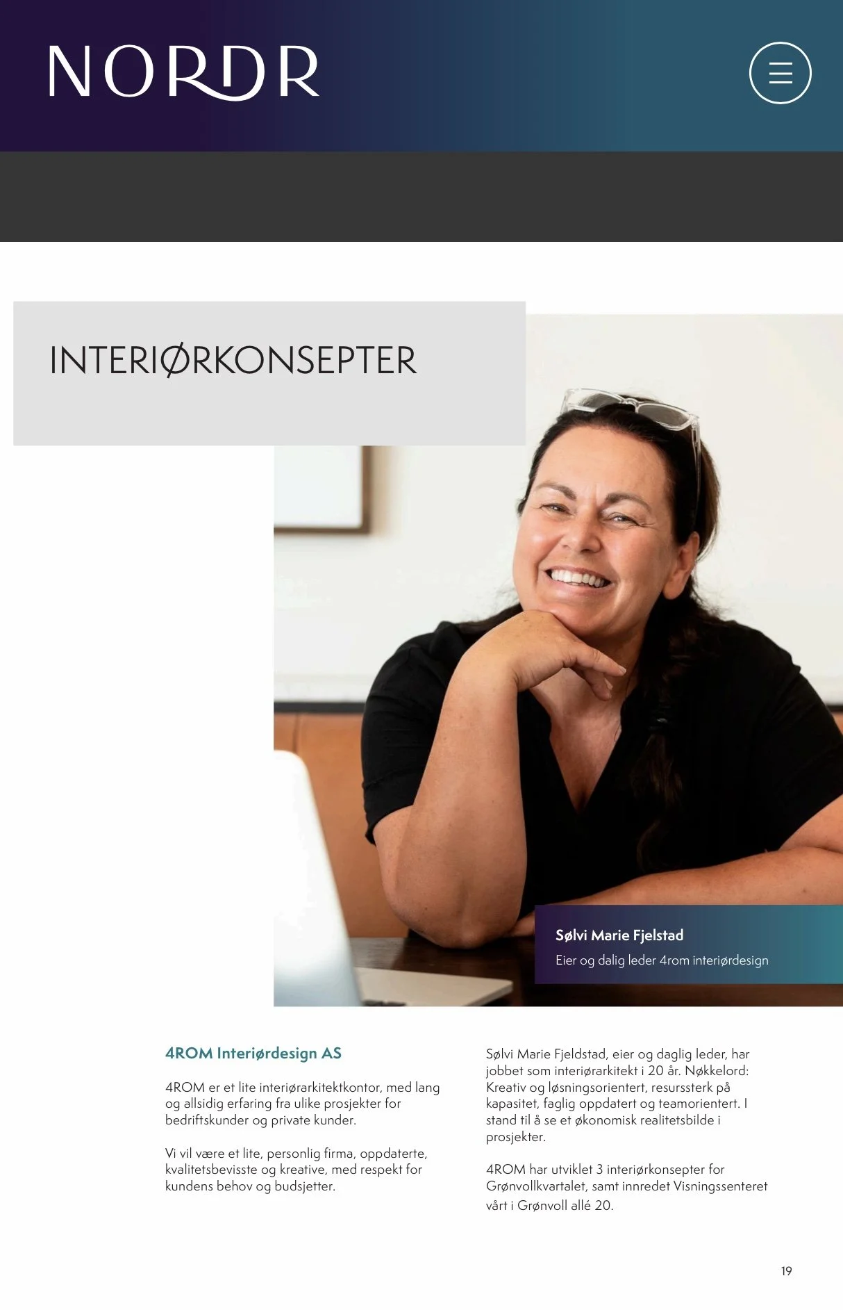 En reklameside for selskapet 4ROM Interiørdesign AS med bilde av kvinne som smiler, og tekst om selskapet og lederskap.