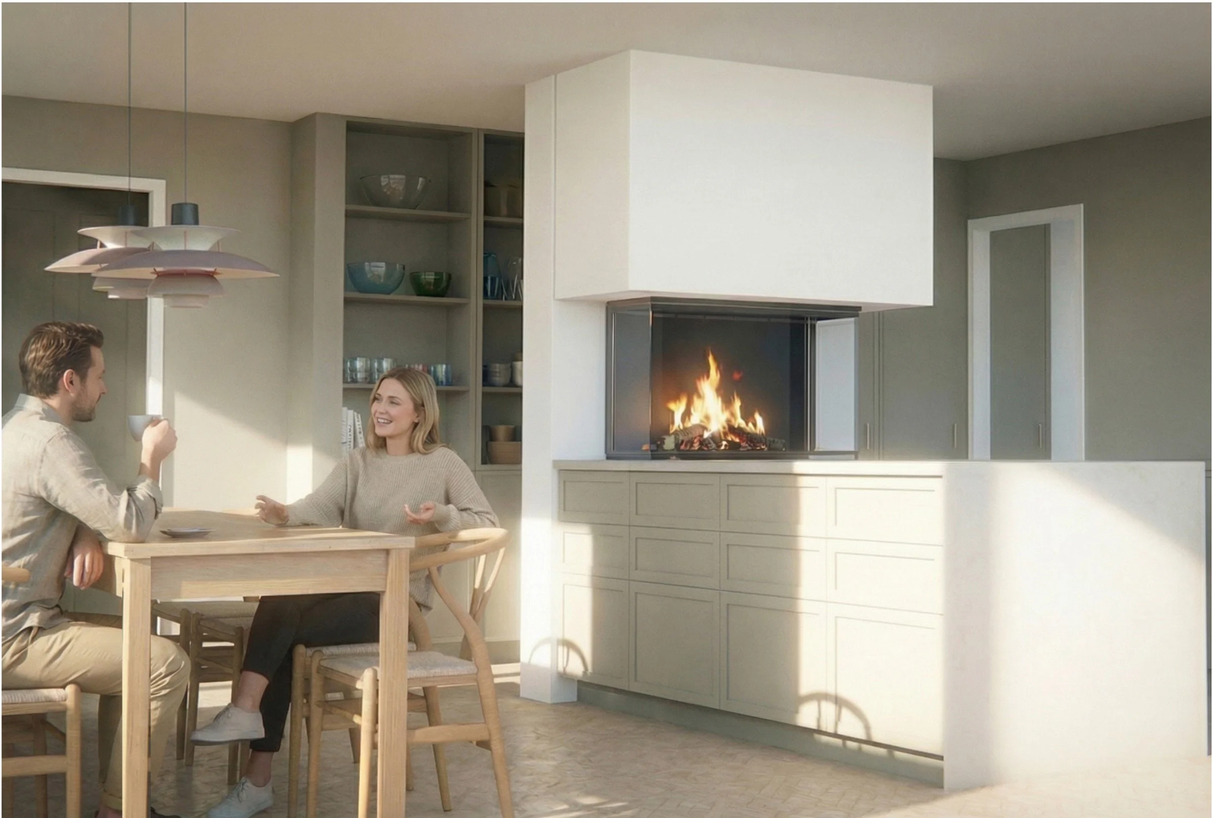 Visualisering av kjøkken med innebygd peis over lave skap og spiseplass, sommerhus i Son