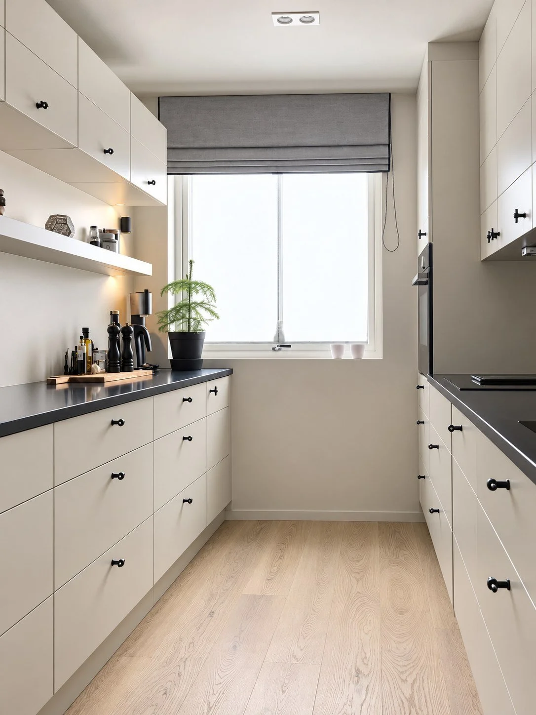 Smalt snekkerkjøkken med åpen hylle og vindu med liftgardin, Tonsenhagen
