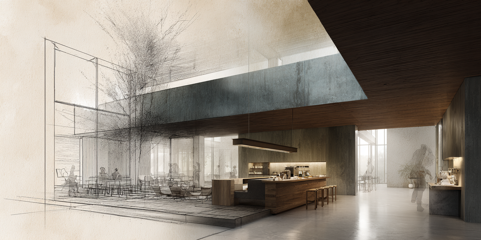 Interior view of a modern cafe or restaurant with a partially sketched and partially rendered design, featuring a wooden counter, bar stools, and large windows