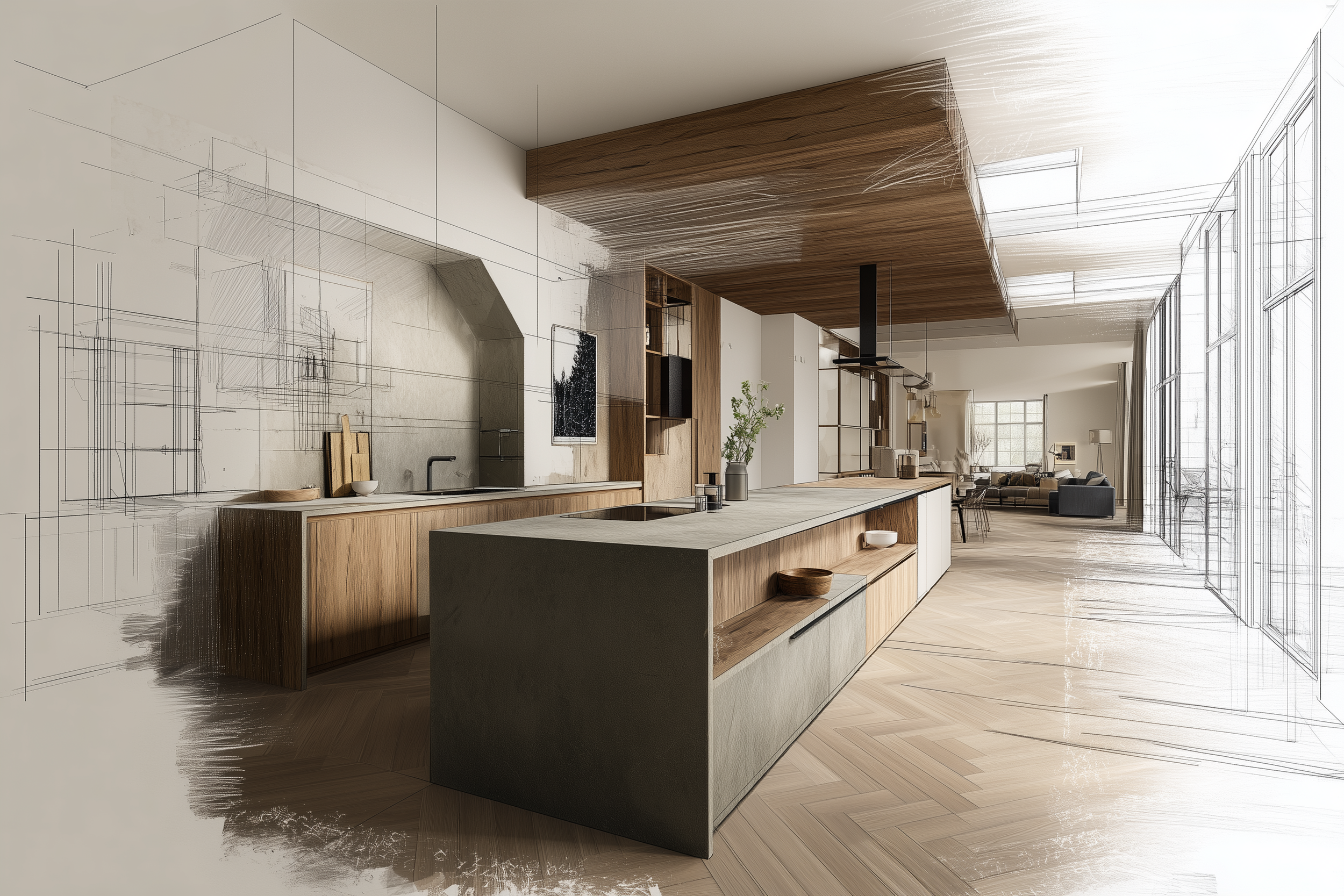 Rendering of an open-concept kitchen and living area, with part of the room shown as a sketch and the other part fully rendered, featuring wooden flooring, cabinetry, and large windows.