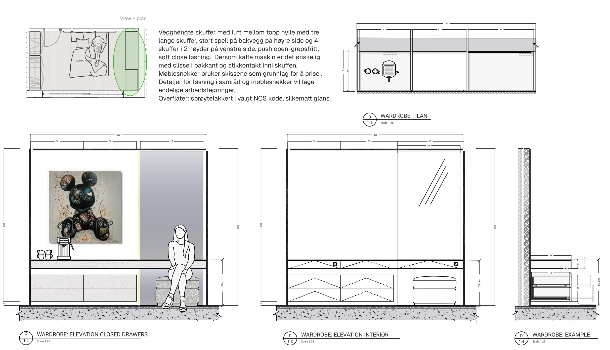 Teknisk tegning av en soveromsvegg med sminkespeil, skuffer, kunst og kaffestasjon  med detaljer om design og mål, inkludert plan- og sidevisninger.