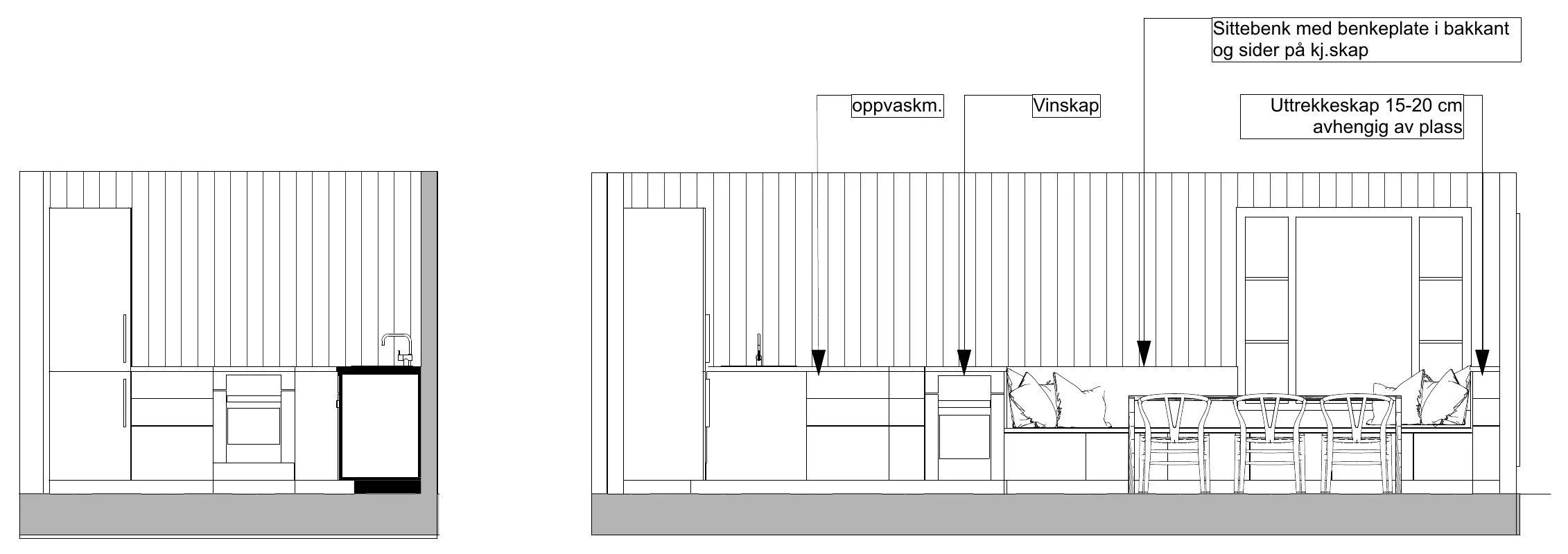 Oppriss av kjøkkenet med oppvaskmaskin, vinskap og sittebenk i vinduet, Varden Panorama Kvitfjell