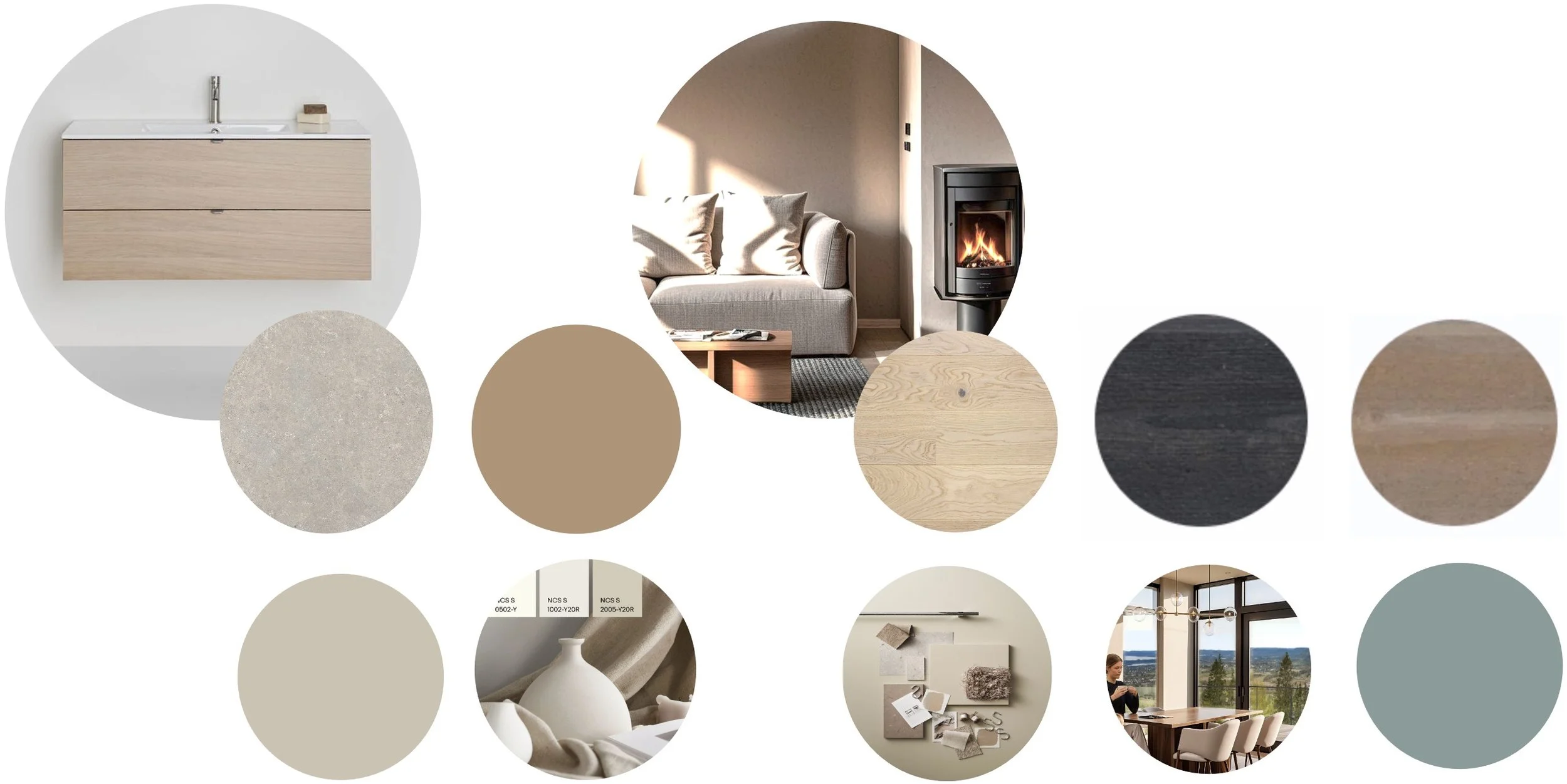 A collage of interior design elements including a wooden bathroom vanity with a sink, a living room with a sofa and a fireplace, paint color swatches, decorative vases, and a dining area with a wooden table and hanging light fixtures.