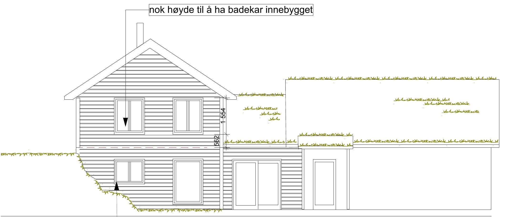 Fasadeforslag med justerte vinduer og innebygd badekar i ny del, hytte på Jølster