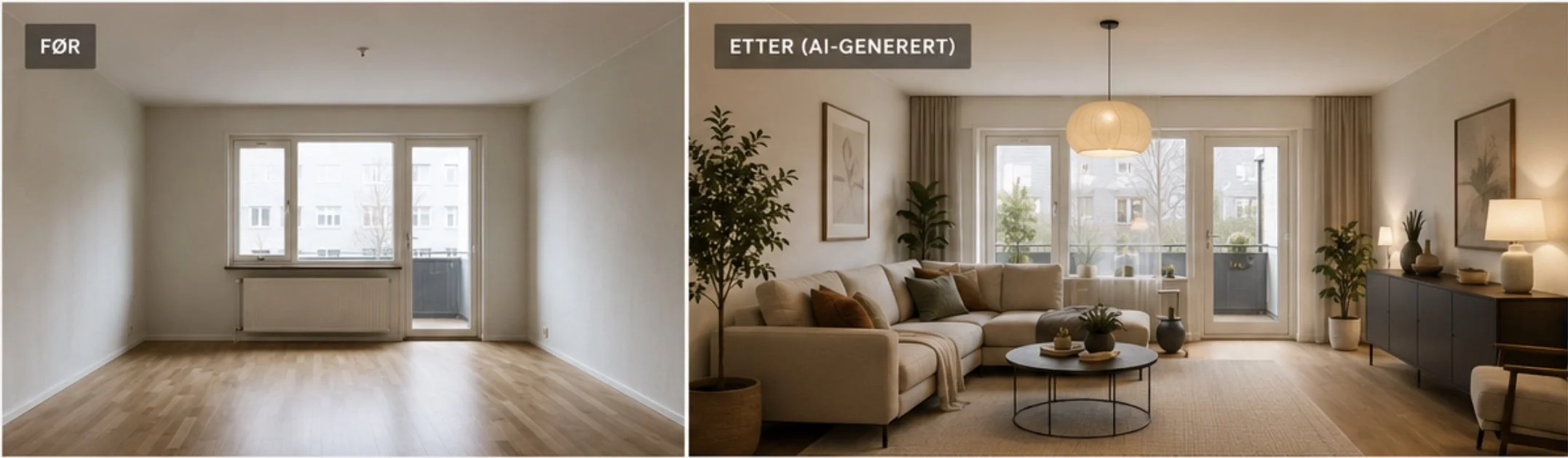 Før og etter: tom stue og KI-generert innredning av samme rom