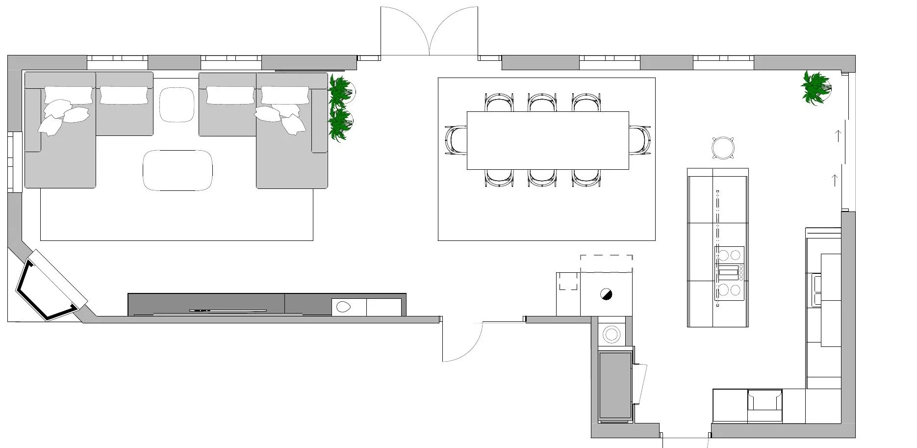 Planskisse – tre soner i et L-formet rom uten romdeler