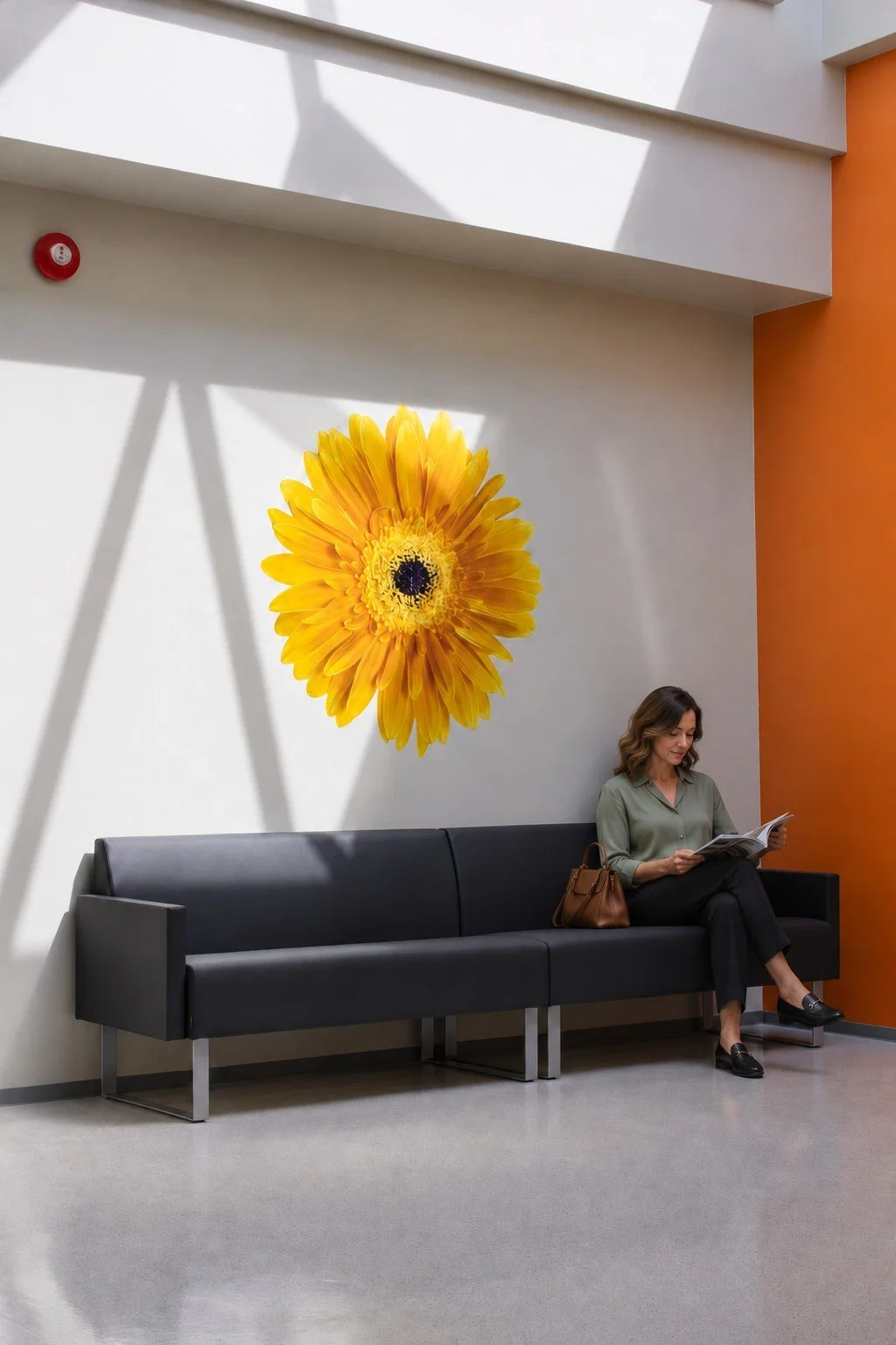 Gul gerbera som veggdekor i venterom, Unilabs Røntgen