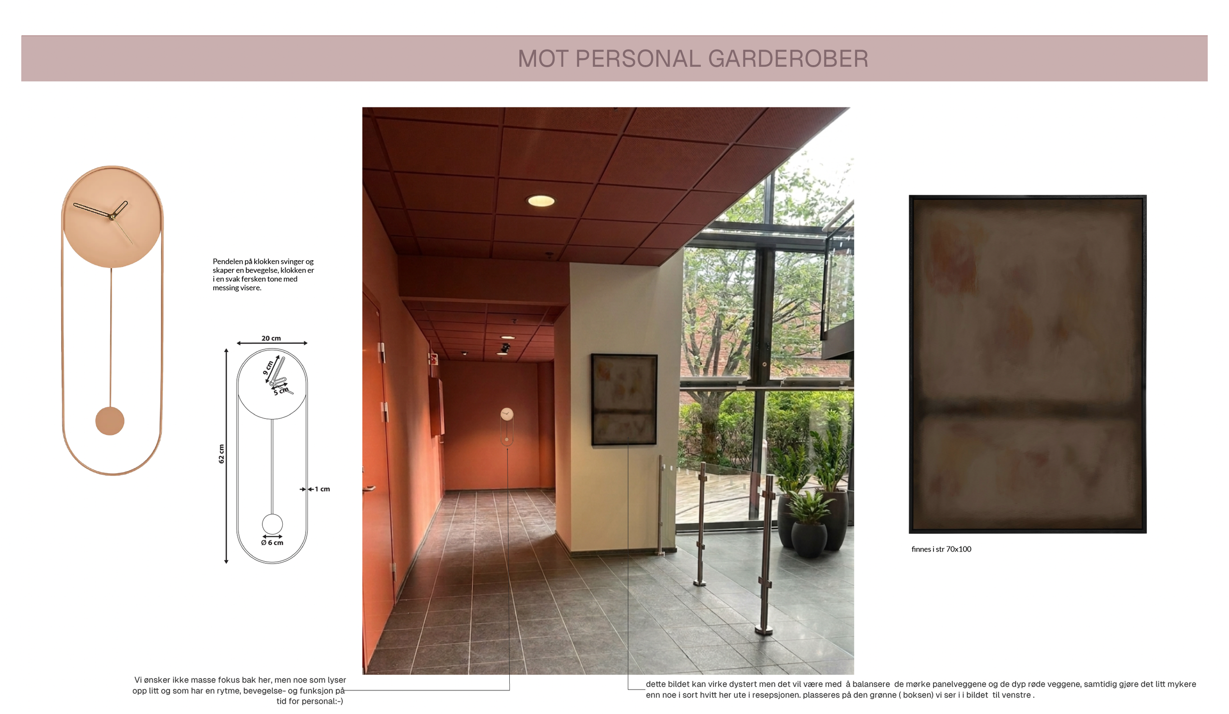 Bilde av en innendørs setting i en resepsjon mot personalinngang , med bilder og en veggklokke, med tekst på norsk som beskriver en klokke design og plassering.