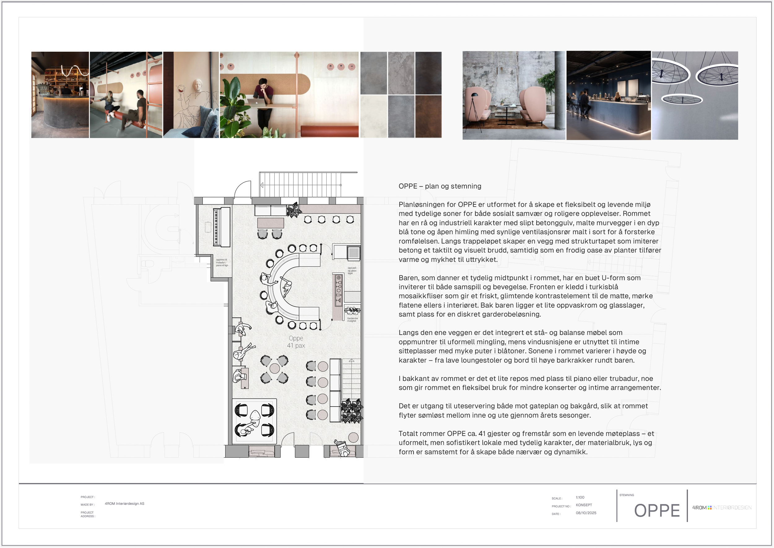 Interior design floor plan of a social and lounge area with seating, a bar, and a stage for performances, including decorative elements and lighting.