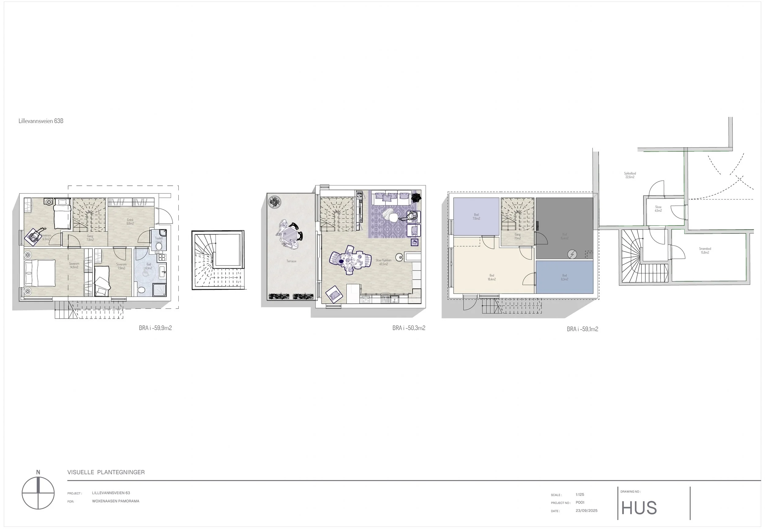 Architectural floor plan showing multiple residential levels with rooms including bedrooms, bathrooms, living rooms, and staircases, labeled with measurements and project details.