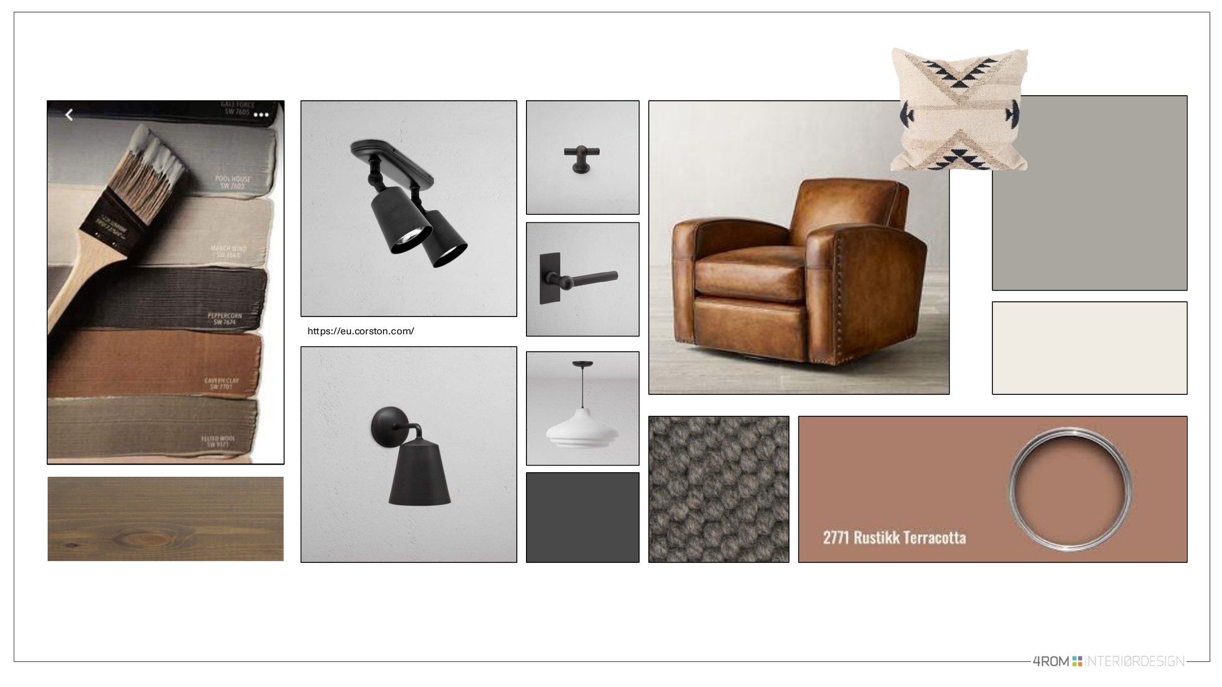 Moodboard for belysning, beslag, møbler og tekstiler, fjellkoie Myreputt