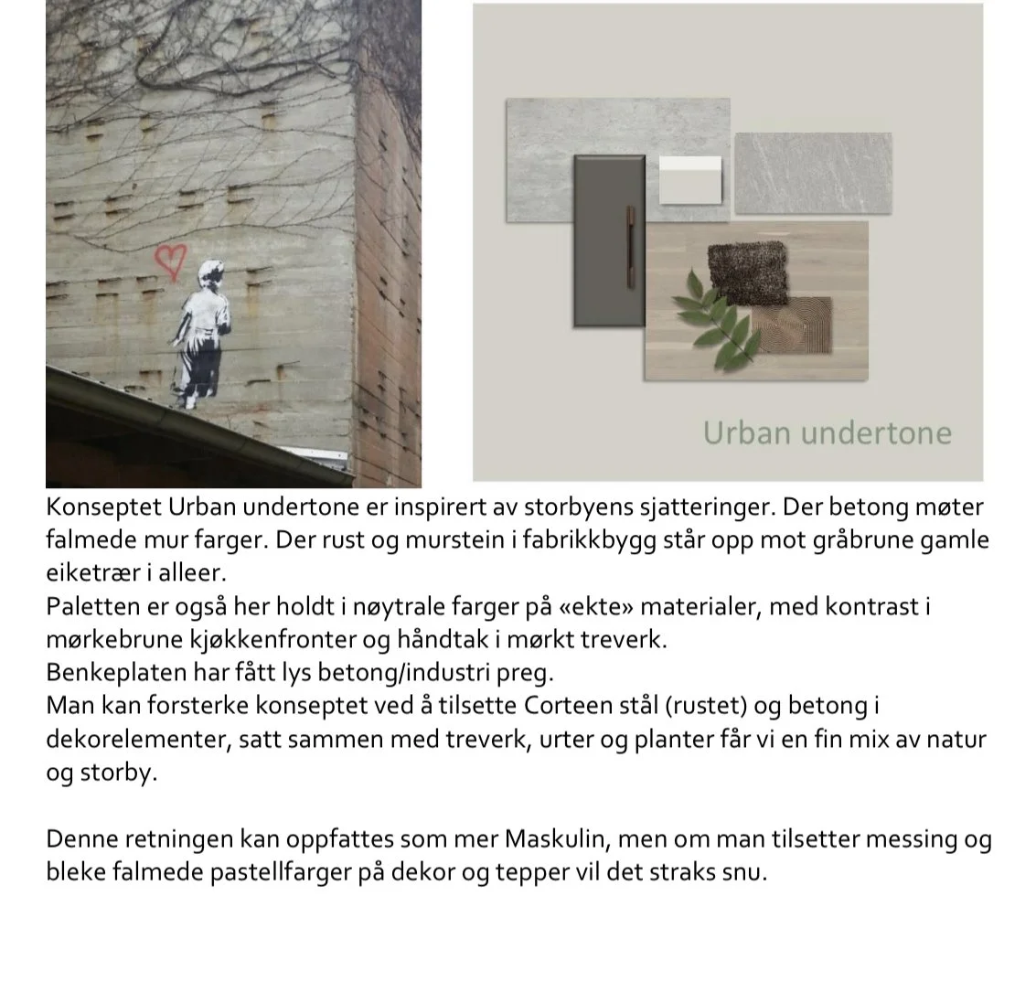 Fasade av en bygning med gatekunst av en gutt og et rødt hjerte, mot en vegg med grafitti. Skisse av urban underetone med ulike materialer og teksturer for interiørdesign.