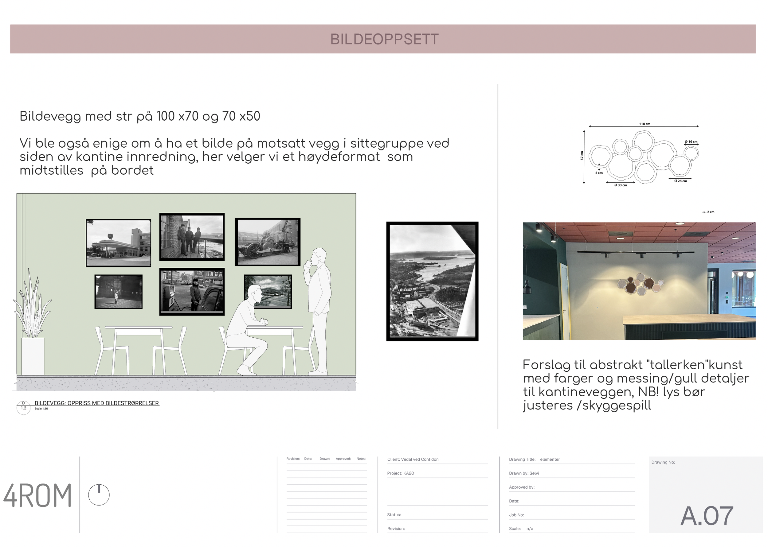 Skisse av en innredning med bilder på en vegg . Det er også en digital tegning av et veggkunst målsatt.