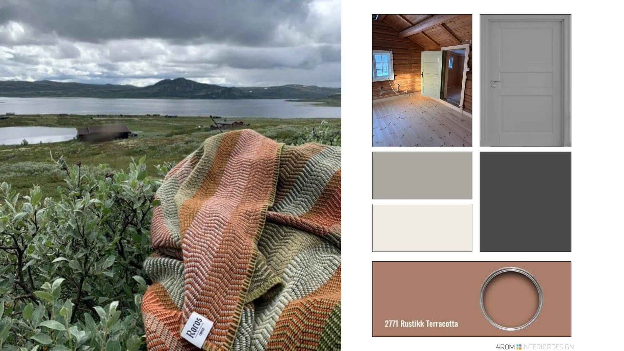 Moodboard med farger hentet fra fjellandskapet og et ullpledd, fjellkoie Myreputt