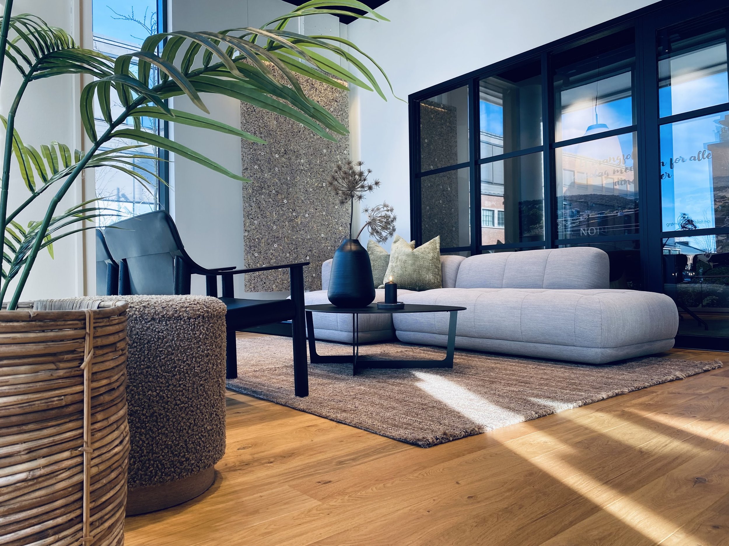 Interiør av et moderne stueområde med store vinduer, en avrundet sofa med puter, et mørkt dekorvase, grønne planter og et teppe med trekantmønster.