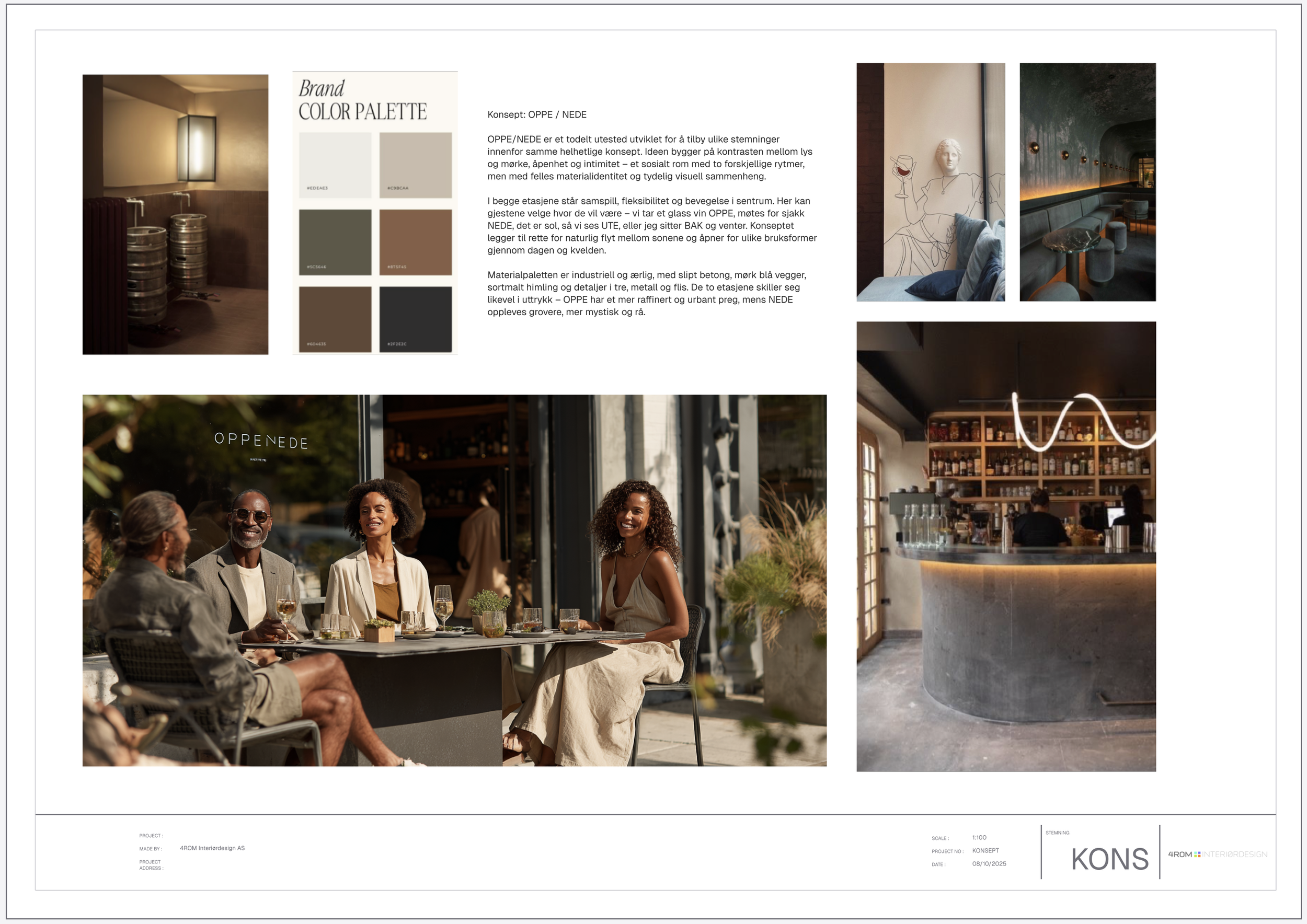 Design board showcasing interior design concepts including color palettes, room lighting, and textures for a modern space with warm earthy tones and industrial elements.