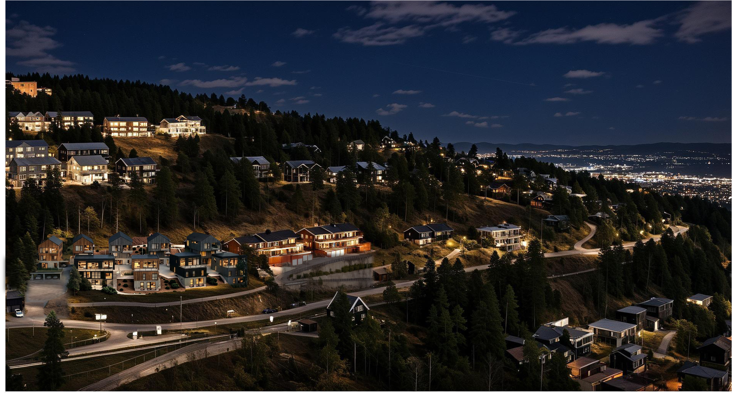 Nighttime view of a neighborhood on a hillside with illuminated houses and streets, and city lights in the distance under a dark sky with scattered clouds.