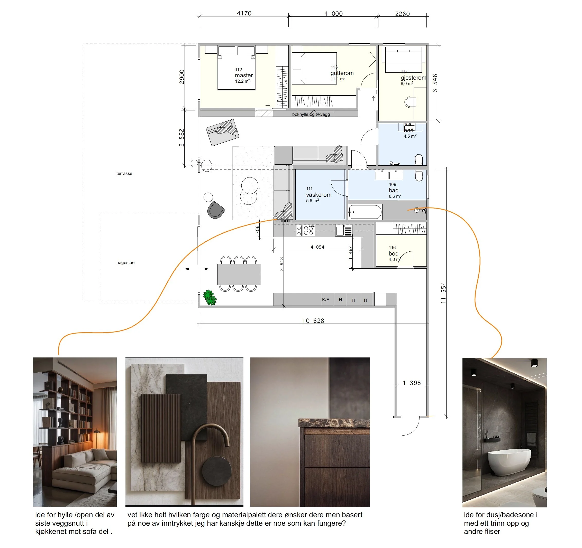 Architectural floor plan of a house with measurements, showing rooms such as master bedroom, guest room, bathroom, walk-in closet, laundry room, storage, and living area, along with interior design elements.