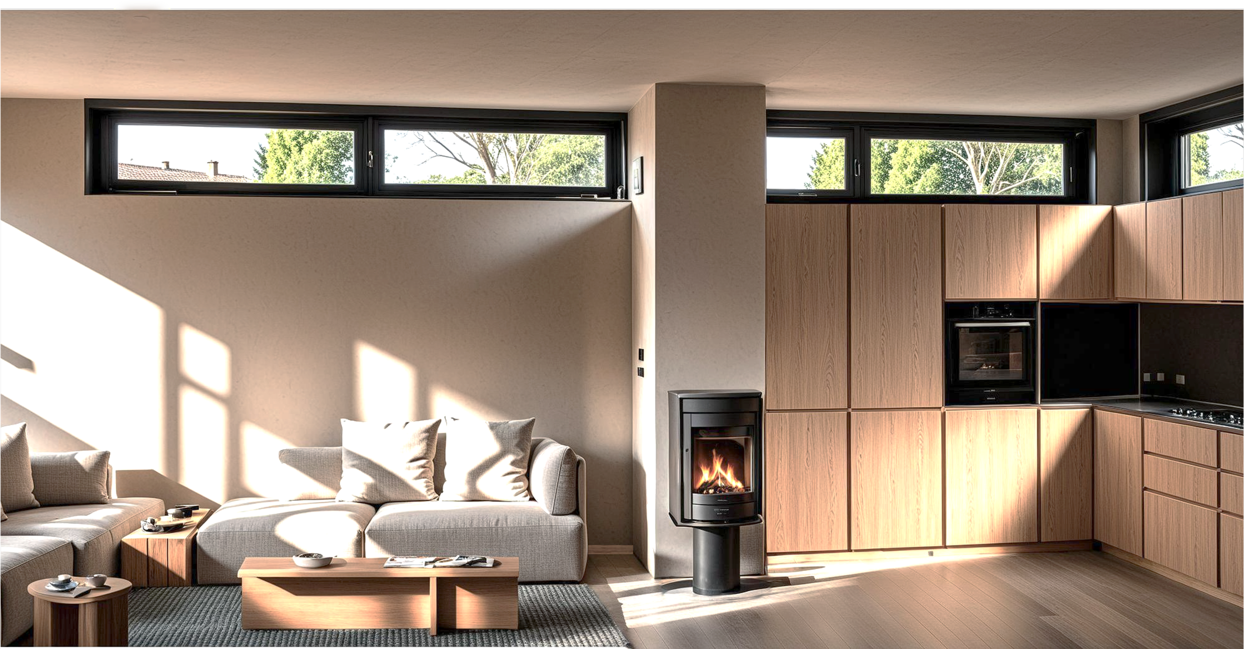 Modern living room with beige sofa, wooden coffee table, and a wall fireplace, large high horizontal windows showing an outside view of trees and rooftops, natural sunlight creating shadows on the wall and floor.