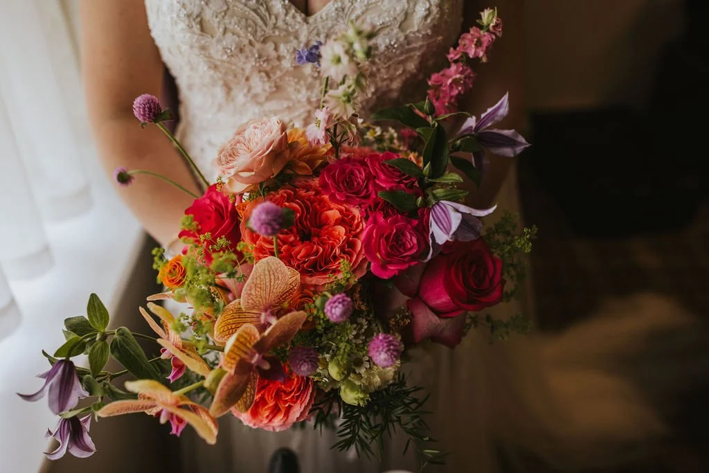 bright summer bridal bouquet orchids roses