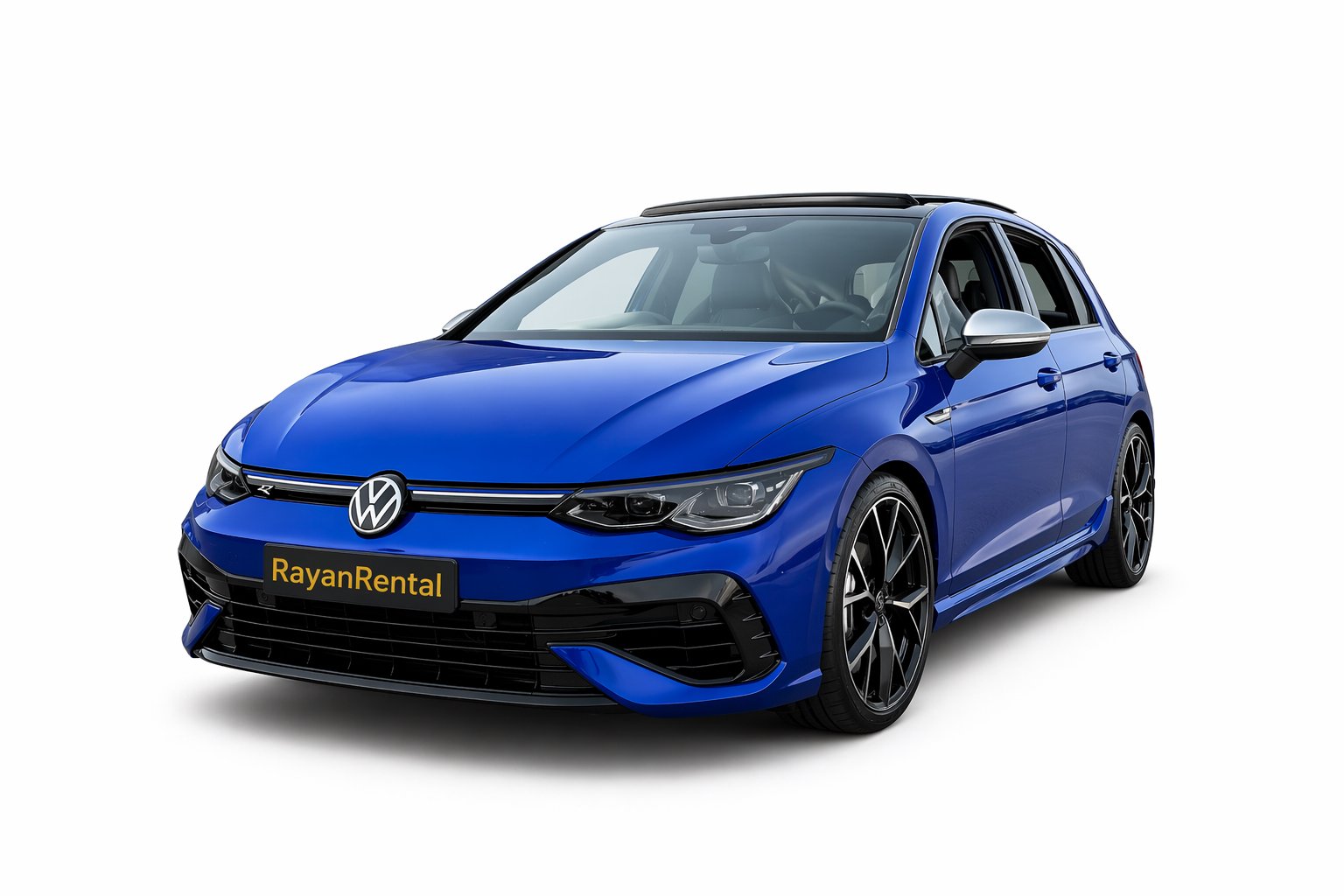 A blue Volkswagen car with a black front grille and silver side mirrors on a plain white background.