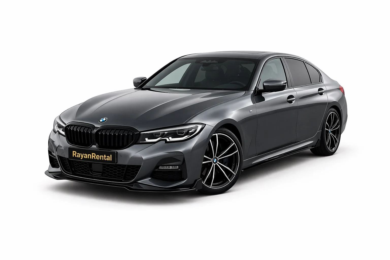 A sleek black BMW sedan with tinted windows, black alloy wheels, and modern LED headlights, positioned on a white background.