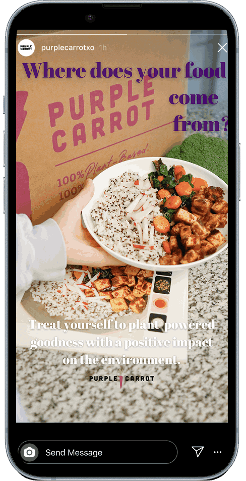 A person holds a white bowl containing rice, vegetables, and tofu, with a large purple and pink cardboard box in the background labeled 'Purple Carrot' and the question 'Where does your food come from?' printed on it. The image promotes plant-powered food options.