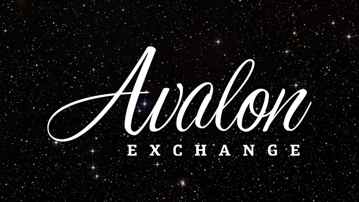 White Avalon Exchange text in cursive and block letters over a starry night sky background.